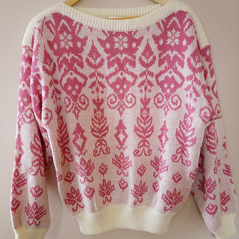 Vintage 80s Floral Pink Boatneck Sweater